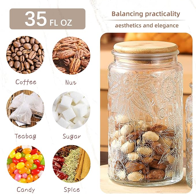 Custde Glass Storage Jars with Airtight Bamboo Lid, 35 FL oz - Decorative Food Canisters for Kitchen Counter, Ideal for Sugar, Coffee, Tea, Candy, Cookies (35oz Large Sunflower)