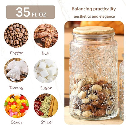 Custde Glass Storage Jars with Airtight Bamboo Lid, 35 FL oz - Decorative Food Canisters for Kitchen Counter, Ideal for Sugar, Coffee, Tea, Candy, Cookies (35oz Large Sunflower)