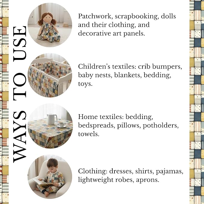 Soft Neutral Patchwork Cotton Fabric Panel 61 x 36.6 Inches, Minimal Geometric Quilt Pattern, Beige Blue Mustard Tones, 100% Cotton 140 GSM