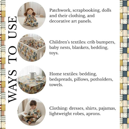 Soft Neutral Patchwork Cotton Fabric Panel 61 x 36.6 Inches, Minimal Geometric Quilt Pattern, Beige Blue Mustard Tones, 100% Cotton 140 GSM