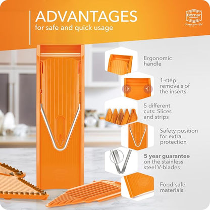 Mandoline Food Slicer Börner V1 (Starter Set) by Reston Lloyd • V-Slicer with 3 Blade Inserts & Food Holder • Made in Germany • Fruit & Vegetable Chopper • Multiple Settings • Color: Orange