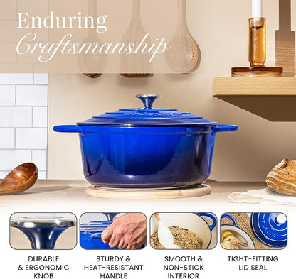 Cast Iron Pot with Lid-Non-Stick Ovenproof Enamelled Casserole Pot, Oven Safe up to 500° F-Sturdy Dutch Oven Cookware - Dark Blue, 5-Quart, 24cm by- Nuovva