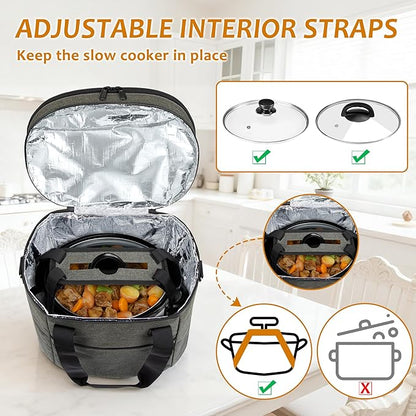 LUXJA Oval Insulated Slow Cooker Carrying Bag Compatible with 3 Quart Crock-Pot, Double Layer Carrier Bag with Lid Straps for 3 Quart Slow Cooker (Bag Only), Gray