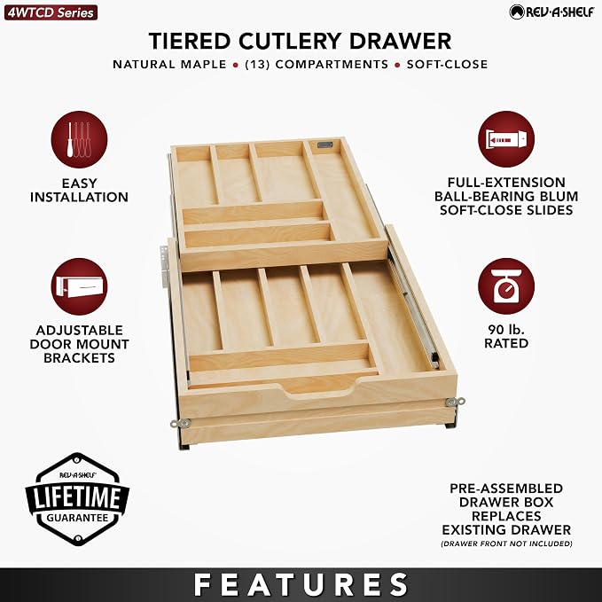 Rev-A-Shelf Maple Two-Tier Cutlery Replacement Drawer System w/BLUM Soft-Close for Face Frame Base Kitchen Cabinets, Kitchen Drawer Organizer, Min Opening Width of 18", 4WTCD-21HSC-1