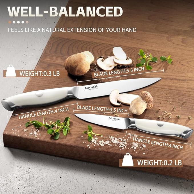 Huusk Paring Knife Set 2PCS - Razor Sharp 5" Kitchen and 3.5" Peeling Knives Well Balanced Vegetable Fruit Knife with Ergonomic White Handle Present Gift for Men Women
