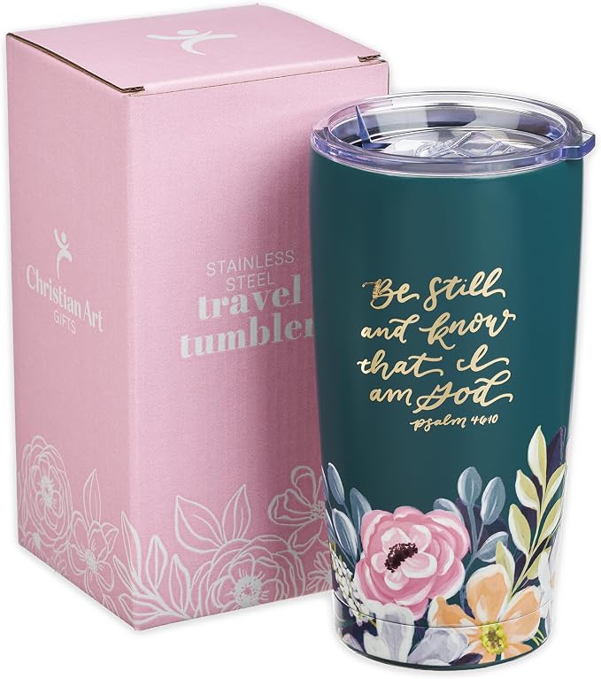 Christian Art Gifts Large Stainless Steel Inspirational Travel Mug Tumbler for Women: Be Still & Know Encouraging Scripture, Vacuum Insulated, Hot/Cold, Retractable Lid, Teal Multicolor Foral, 18 oz.