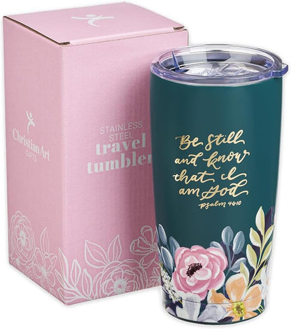 Christian Art Gifts Large Stainless Steel Inspirational Travel Mug Tumbler for Women: Be Still & Know Encouraging Scripture, Vacuum Insulated, Hot/Cold, Retractable Lid, Teal Multicolor Foral, 18 oz.