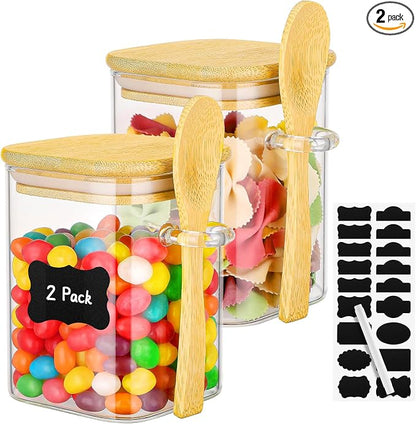 Glass Jars with Bamboo Lids and Spoons - 2 Pack 15 Fl.oz Square Glass Overnight Oat Jars with Airtight Lid, Clear Pantry Storage Container Food Canister for Spice, Loose Tea, Coffee, Sugar