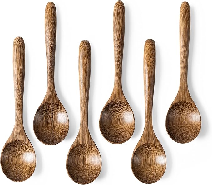 6 PCS Wooden Spoons for Honey, 6.7 inch Small Wooden Spoons - Terrific for Tea, Coffee & Soup, Little Padauk Wood Serving Table Spoon Set, Bulk Bamboo Teaspoon for Eating with Unique Design