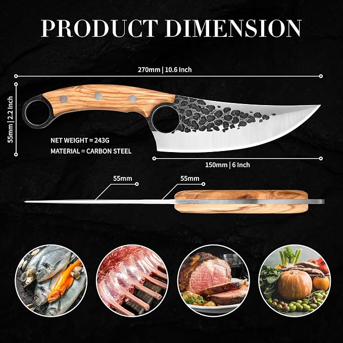 ZhengSheng Forged Viking Kitchen Knife with Olive Wood Grip & Protective Leather Sheath, Perfect for Home Cooking, Camping and BBQ