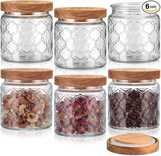 Suclain 6 Pcs 17 OZ Vintage Glass Jar with Acacia Wood Lids Airtight Glass Storage Canisters Kitchen Spice Jars Food Storage Containers for Pantry Coffee Grains Tea Sugar Flour(Lantern)