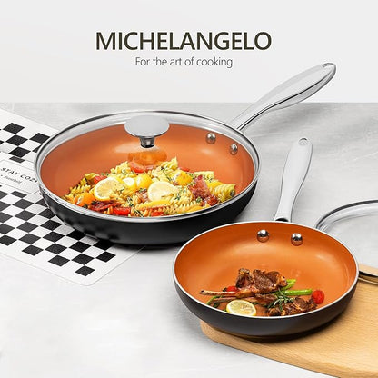 MICHELANGELO 12 Inch Frying Pan with Lid, Nonstick Copper Frying Pan, Non Stick Ceramic Skillet with Lid, Large Copper Pan Non-Stick, Induction Compatible