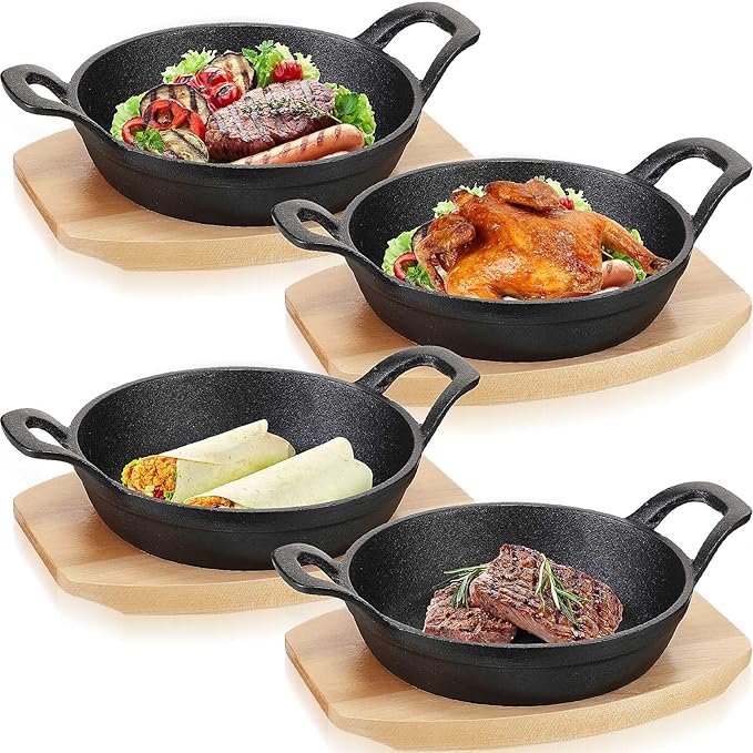 Sliner 4 Sets Mini Cast Iron Skillet Small Cast Iron Plates Skillet with Wooden Base Small Round Pan Fajita Plate Pot for Baking Cooking (8 Inches)