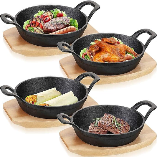 Sliner 4 Sets Mini Cast Iron Skillet Small Cast Iron Plates Skillet with Wooden Base Small Round Pan Fajita Plate Pot for Baking Cooking (8 Inches)