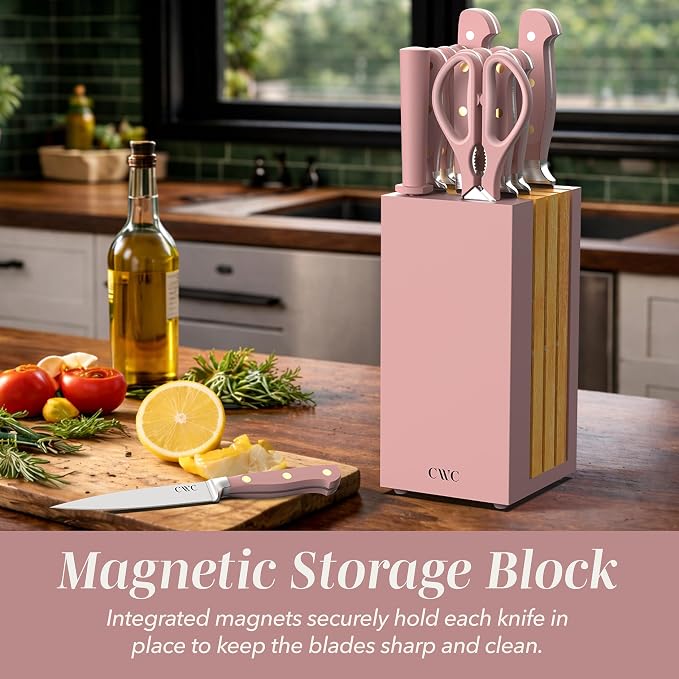 COOK WITH COLOR 14 Pieces Kitchen Knife Block Set, Knives for Kitchen, Forged Cutlery with Razor-Sharp High Carbon Steel Blades, Magnetic Block