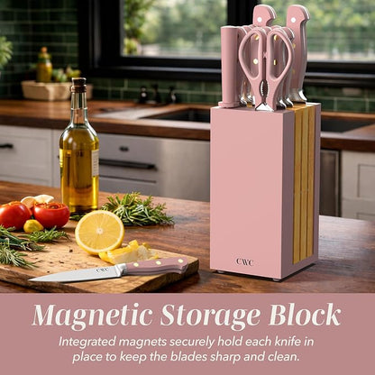 COOK WITH COLOR 14 Pieces Kitchen Knife Block Set, Knives for Kitchen, Forged Cutlery with Razor-Sharp High Carbon Steel Blades, Magnetic Block