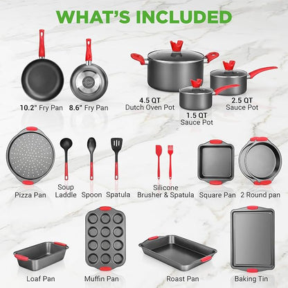 NutriChef 21-Piece Nonstick Cookware Set - PTFE/PFOA/PFOS Free Heat Resistant Lacquer Kitchen Ware Pots Pan w/ Cool-Touch Handles, Saucepan, Fry Pans, Lid, Bakeware, For Gas Electric Ceramic Cooktops