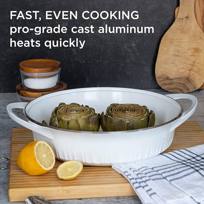 CorningWare QuickHeat 4-QT Cast Aluminum Braiser With Lid, Nonstick Ceramic Interior, Lightweight and Fast Even Heat Baking & Cooking, For Meats, Soup, Browning, Searing, French White