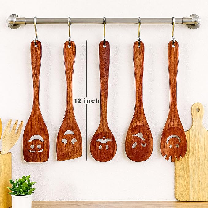 HANSGO 5PCS Wooden Cooking Spoons, Funny Wooden Utensil Set Wood Spatulas with Smile Faces Cute Kitchen Accessories, Best Cooking Gifts for Housewarming Wedding Holidays