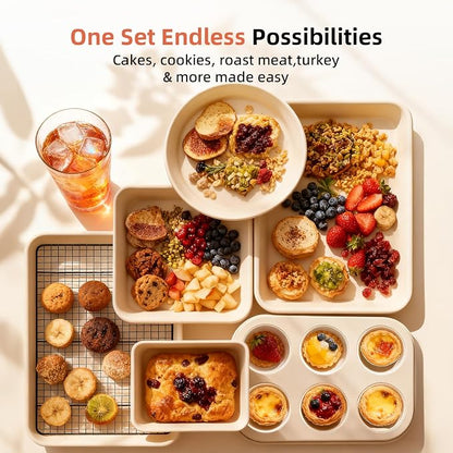 8-Piece Non-stick Baking Pans Set – Stackable Bakeware Set for Kitchen, Carbon Steel Baking Set with Cookie Sheet, Roasting Pan, Cake Pan, Muffin Pan, Cooling Rack, Baking Essentials Supplies