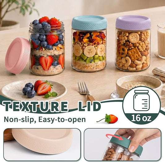 6 Pack Overnight Oats Containers with Lids, 16oz Wide Mouth Mason Jars, Glass Mason Jars with Airtight Lids, Sugar Bowls, Overnight Oats Jars for Yogurt, Meal Prep, Chia Pudding