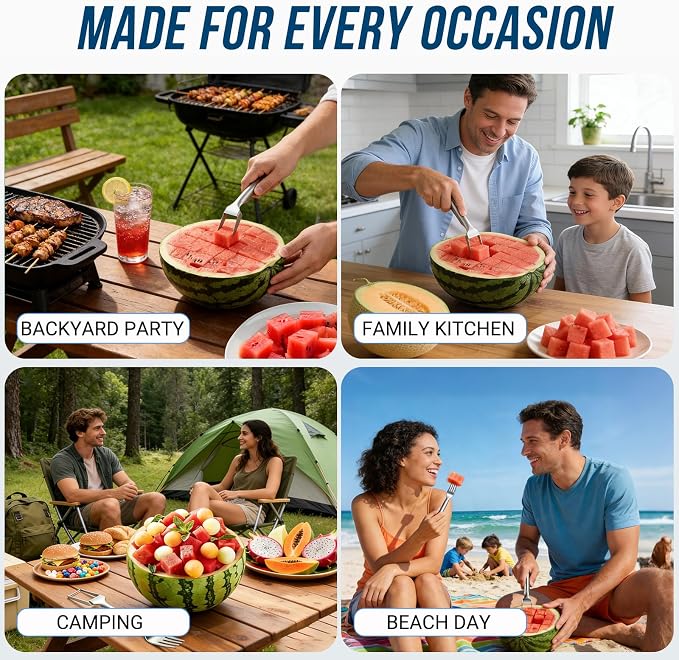 Watermelon Fork Slicer Cutter, 2-in-1 Stainless Steel Watermelon Slicer & Fruit Fork, Summer Kitchen Gadget for BBQ Parties, Camping & RV Adventures
