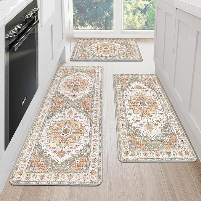 Cushioned Kitchen Rug Sets 3 Piece Anti Fatigue Mats for Floor Non Slip Waterproof Runner for Home Office, Sink, Laundry