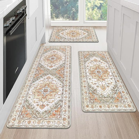 Cushioned Kitchen Rug Sets 3 Piece Anti Fatigue Mats for Floor Non Slip Waterproof Runner for Home Office, Sink, Laundry