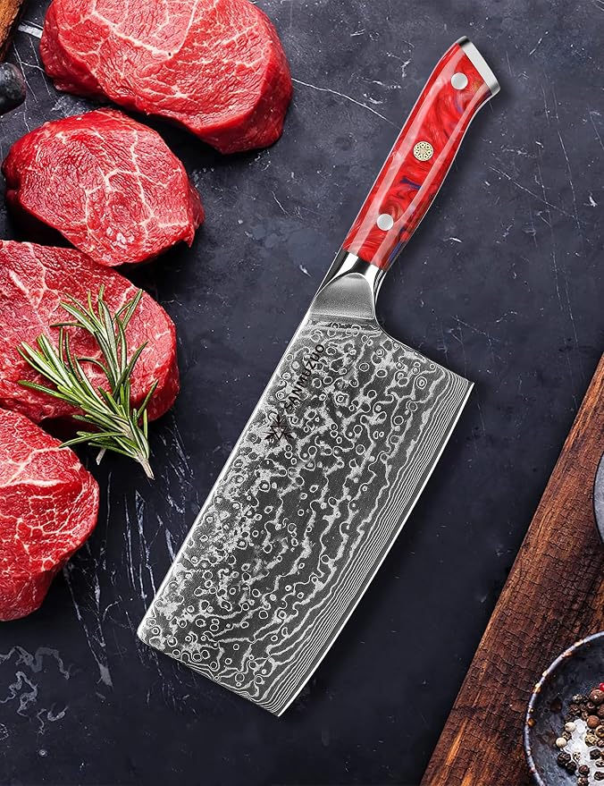 Chinese Chef Knife - 7" Cleaver Knife- Xuan Series - VG10 Damascus Steel Kitchen Knife - Resin Handle (Sunset Red)
