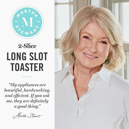 Martha Stewart 2 Slice Long Slot Toaster, Extra Wide for Sourdough & Bagels, 10 Setting Shade Control, Removable Crumb Tray, Self-Centering Design, Defrost/Reheat, Cancel, Slim Space-Saving, Indigo