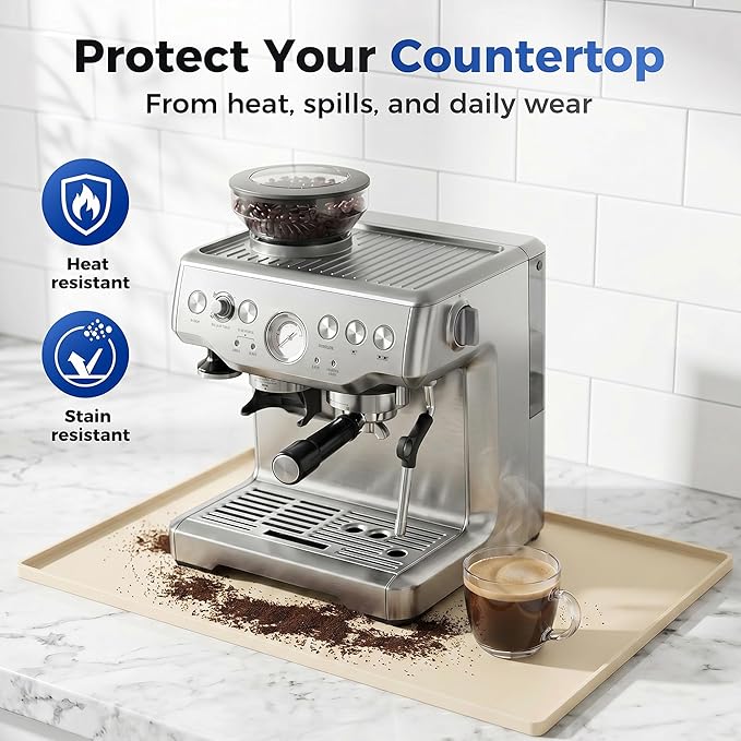 Golener Silicone Coffee Mat - 24" x 16" Coffee Bar Mat for Countertop with Raised Edges, Kitchen Station Pad, Accessories Fit Under Coffee Machine, Waterproof Dish Drying Mat, Heat Resistant, Beige