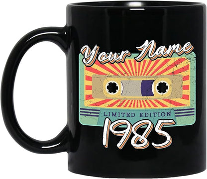 Personalized Vintage Cassette Tape Vintage 1985 Mug, Custom Your Name, 1985 Retro Coffee Mug, 37th Birthday Present Gifts, 1985 Birthday Gift For Friends Family, Customizable Black Tea Cups
