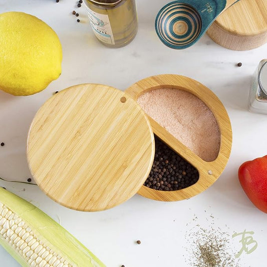 Totally Bamboo Salt Keeper Duet, Salt and Pepper Container with Dual Compartments, Bamboo Spice Cellar with Magnetic Swivel Lid, Countertop Bowls for Seasonings