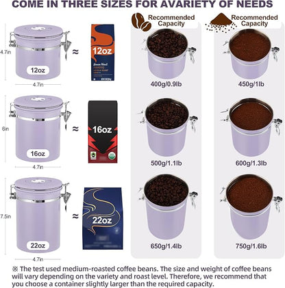 ShanSon Coffee Canister Airtight, Stainless Steel Bean Storage Container with Date Tracker & Scoop, Grounds Sugar Flour Tea Cereal Fits Kitchen Pantry, Ideal Gift for Coffee Lovers,12oz, Purple