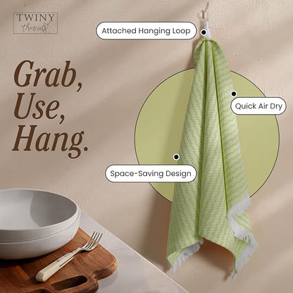 TWINY threads Kitchen Towel Chevron Weave, 4 Pack, Premium Large 100% Cotton Kitchen Linen Set, Absorbent Quick Drying Dish Rags for Drying Dishes, Multi Purpose Washable Towel, 16"x26", Lemon Green