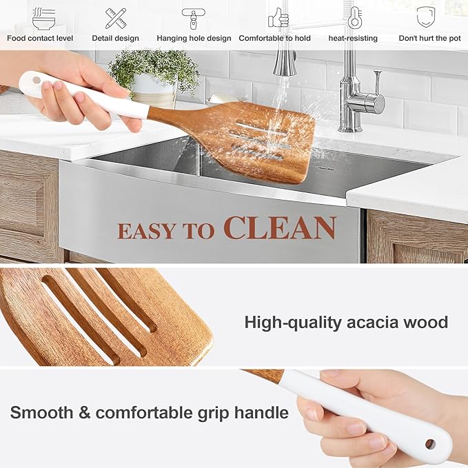 Wooden Spoons For Cooking, 6 Pieces Natural Acacia Wooden Cooking Utensils or Non-Stick Wood Kitchen Utensil Set for Kitchen Essentials, Wooden Cooking Utensils Set with Hanging Hole, White