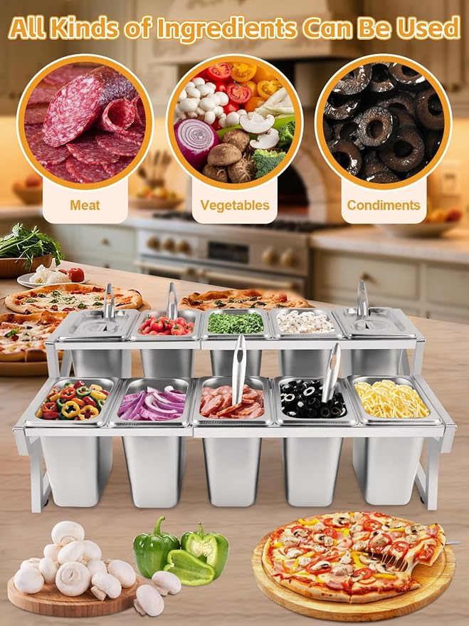 10 Pans Pizza Topping Station 2 Row Adjustable Pizza Storage Container Topping containers with Lids Condiment Organizers Buffet Containers Set for Restaurant Pizza Sauce Jam Fruit Ingredient