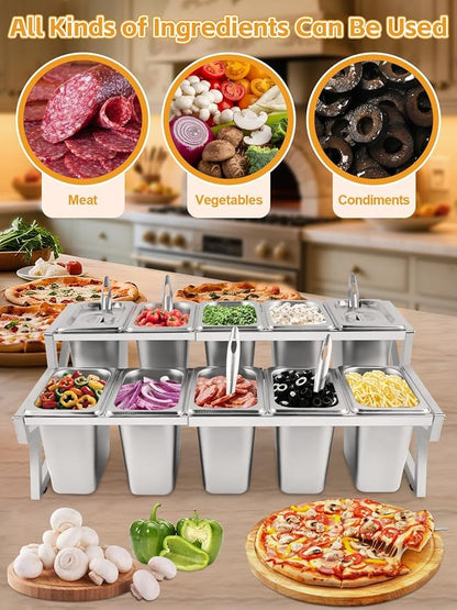10 Pans Pizza Topping Station 2 Row Adjustable Pizza Storage Container Topping containers with Lids Condiment Organizers Buffet Containers Set for Restaurant Pizza Sauce Jam Fruit Ingredient