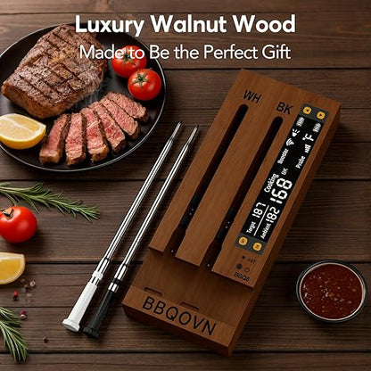 BBQOVN (Luxury Walnut Wood) WiFi Sub-1G Wireless Meat Thermometer Unlimited Range 7 NIST Certified Sensors with Ambient Temp 2 Temp Monitoring Ways Digital Smart Base and App for Smoker, Grill, Oven