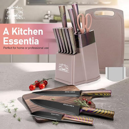 16-Piece Kitchen Knife Block Set with Cutting Board - German Stainless Steel Knives, Built-In Sharpener, Dishwasher Safe, Anti-Slip Handle - All-in-One Cutlery Set for Home/Kitchen (Pink)