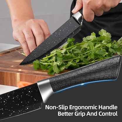 TJ POP Kitchen Knife Set 6-Piece, Rustproof Sharp Stainless Steel Chef's Knife Set, Non-Stick Coated Black Starry Night Pattern Blades and Ergonomic Handle, Cooking Knives for Home Restaurant Camping