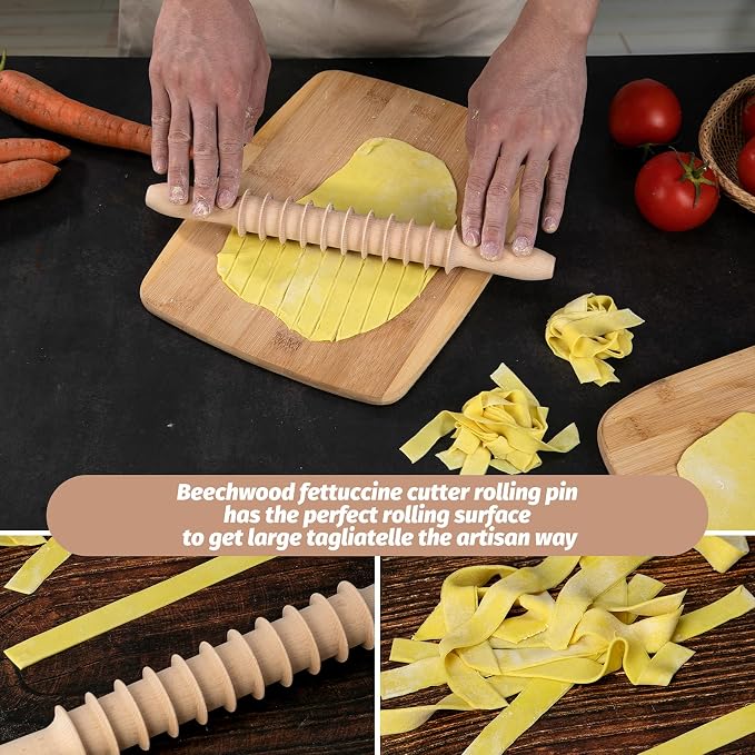 Beech Wood 14mm Pappardelle Pasta Cutter Noodle Lattice Roller Docker Dough Cutter Wooden Rolling Pin Spaghetti Pasta Maker Beechwood Noodle Cutter Rolling Pin Kitchen Cooking Tools