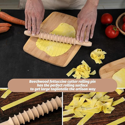 Beech Wood 14mm Pappardelle Pasta Cutter Noodle Lattice Roller Docker Dough Cutter Wooden Rolling Pin Spaghetti Pasta Maker Beechwood Noodle Cutter Rolling Pin Kitchen Cooking Tools