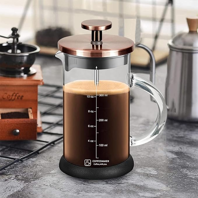 YMMIND French Press Coffee Maker 12 Ounce Espresso Tea Coffee Maker with 4 Filters System, Stainless Steel Plunger and Heat Resistant Borosilicate Glass BPA-Free Brewed Tea Pot Coffee Plunger