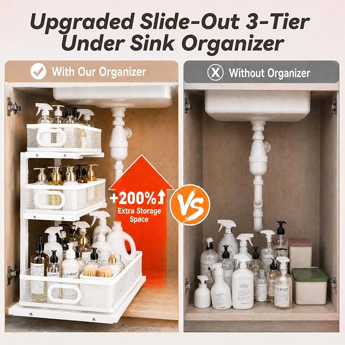3-Tier Under Sink Organizer 2-Pack, Thickened Metal Pull out Cabinet Shelf, Height Adjustable Slide Out Drawer Storage Rack for Bathroom Kitchen Pantry Laundry Home Office Organization (White)