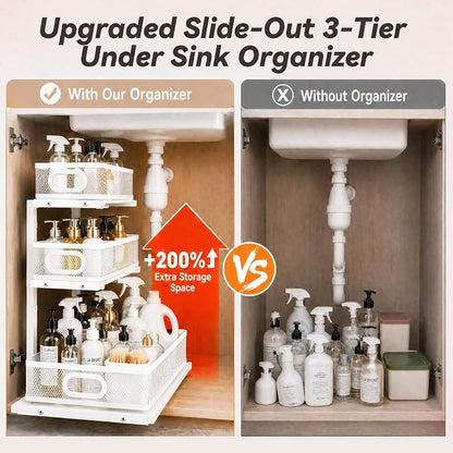 3-Tier Under Sink Organizer 2-Pack, Thickened Metal Pull out Cabinet Shelf, Height Adjustable Slide Out Drawer Storage Rack for Bathroom Kitchen Pantry Laundry Home Office Organization (White)