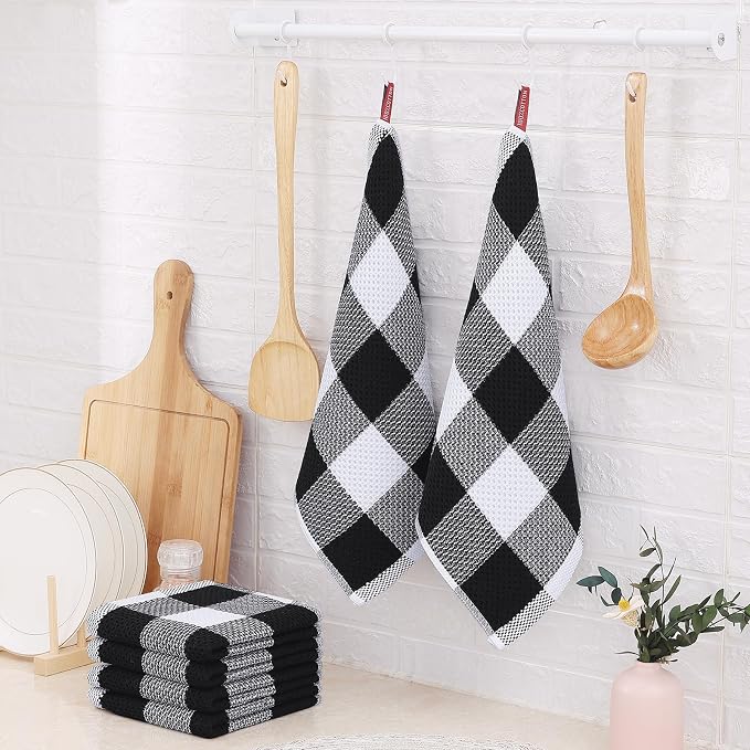 Homaxy 100% Cotton Waffle Weave Check Plaid Dish Cloths, 12 x 12 Inches, Super Soft and Absorbent Dish Towels Quick Drying Dish Rags, 12-Pack, White & Black