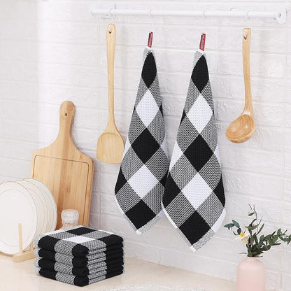 Homaxy 100% Cotton Waffle Weave Check Plaid Dish Cloths, 12 x 12 Inches, Super Soft and Absorbent Dish Towels Quick Drying Dish Rags, 12-Pack, White & Black