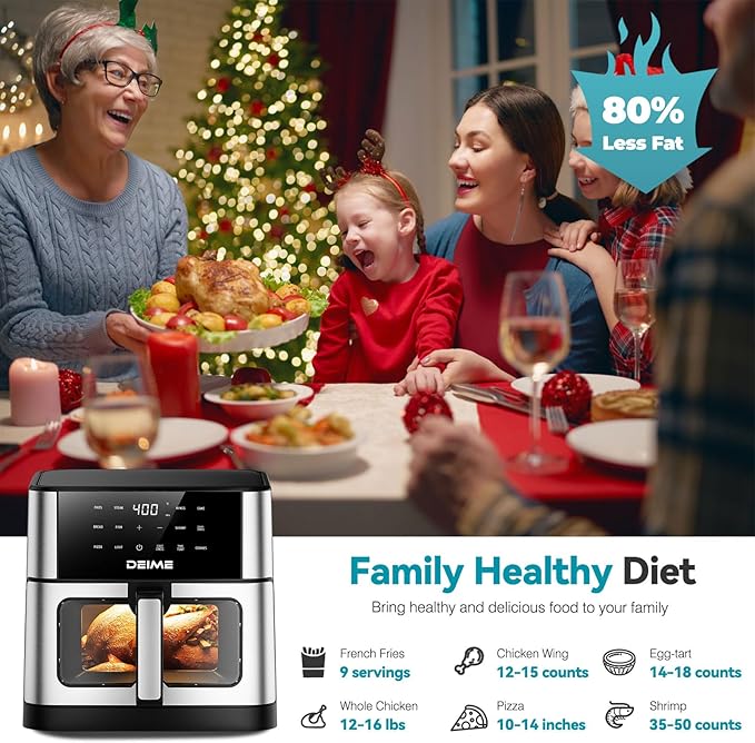 DEIME Air Fryer 10.2 QT, 1700W Large Capacity with 10 Preset, Visual Cooking Window, Non-Stick Basket, Recipe Included (Silver)