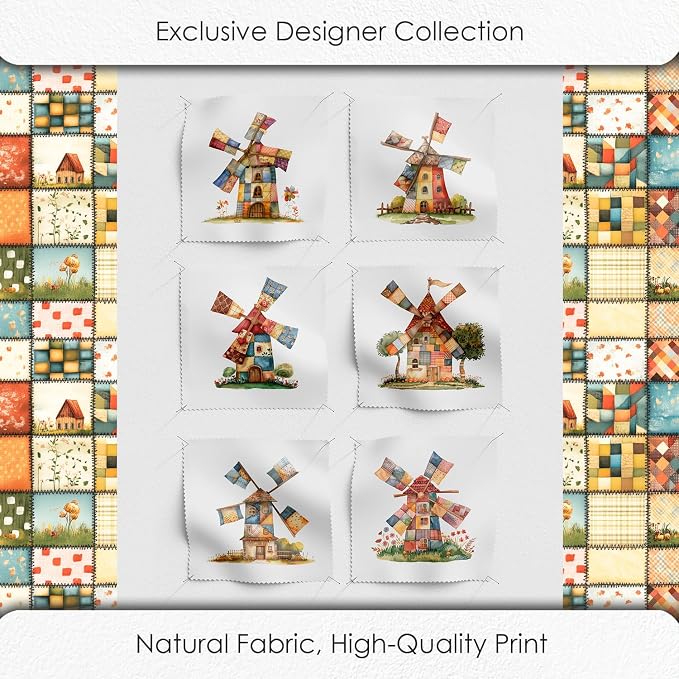 Patchwork Fabric Panel with Windmill Designs – 100% Cotton Satin, 6 Printed Panels 10”×10” + Patchwork Sheet 29.5”×19.7”, Single Continuous Cloth for Quilting & Sewing